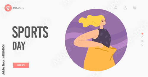 Sports Day Landing Page Template. Happy Young Woman Jumping in Sack. Hopping Sack Race Outdoor Competition