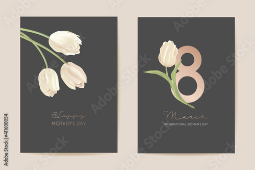 Woman day 8 March holiday card. Spring floral vector illustration. Greeting realistic tulip flowers template