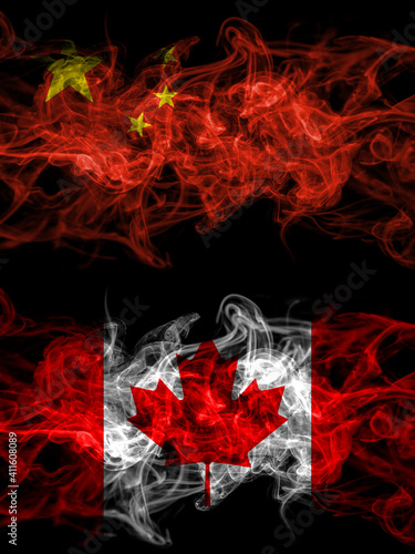 China, Chinese vs Canada, Canadian smoky mystic flags placed side by side. Thick colored silky abstract smoke flags.