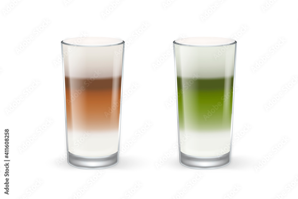 Vector 3d Realistic Transparent Glass. Milk Foam Coffee, Matcha, Latte, Capuccino. Glossy Cup Isolated on White Background. Design Template. Front View Vector 3d Realistic Transparent Glass. Milk Foam Coffee, Matcha, Latte, Capuccino. Glossy Cup Isolated on White Background. Design Template. Front View