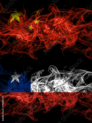 China  Chinese vs Chile  Chilean smoky mystic flags placed side by side. Thick colored silky abstract smoke flags.
