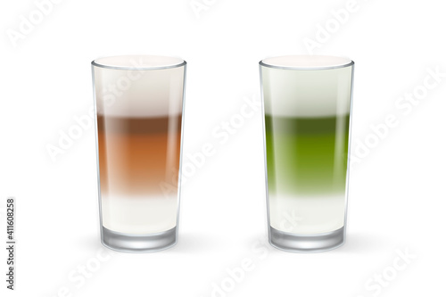 Vector 3d Realistic Transparent Glass. Milk Foam Coffee, Matcha, Latte, Capuccino. Glossy Cup Isolated on White Background. Design Template. Front View