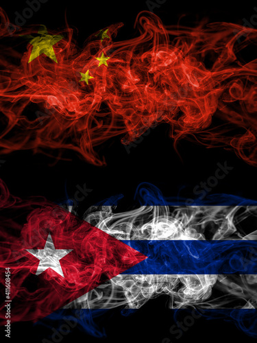 China  Chinese vs Cuba  Cuban smoky mystic flags placed side by side. Thick colored silky abstract smoke flags.