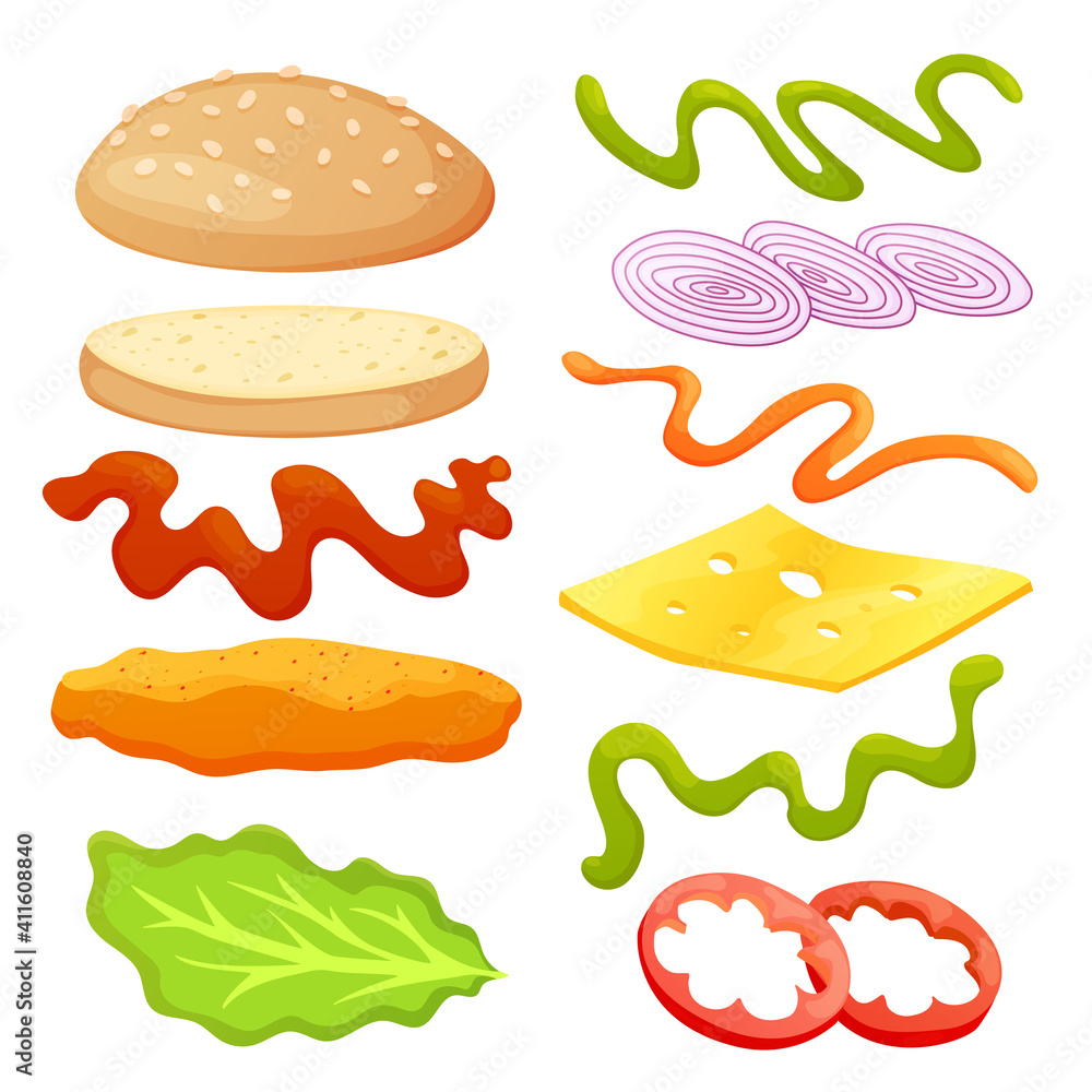 Burger ingredients diy collection. Set of isolated ingredients for build your own burger and sandwich. Sliced vegetables, sauces, bun and cutlet for burger. burger maker Burger ingredients diy collection. Set of isolated ingredients for build your own burger and sandwich. Sliced vegetables, sauces, bun and cutlet for burger. burger maker