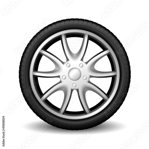 Aluminum wheel car tire racing on white background, realistic 3d vehicle tire