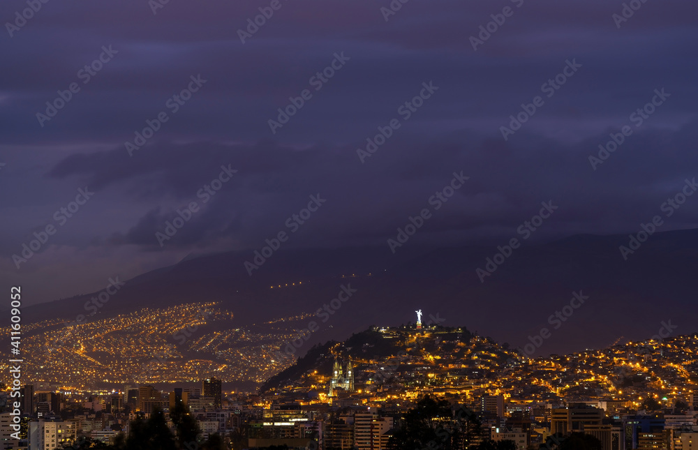 Night skyline of Quito with the Panecillo Hill and Apocalyptic Virgin Mary of Quito, Ecuador.