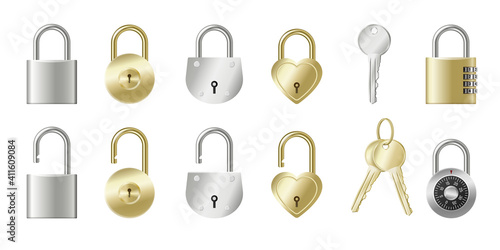 Set of realistic padlocks and keys golden and silver metallic lockers isolated