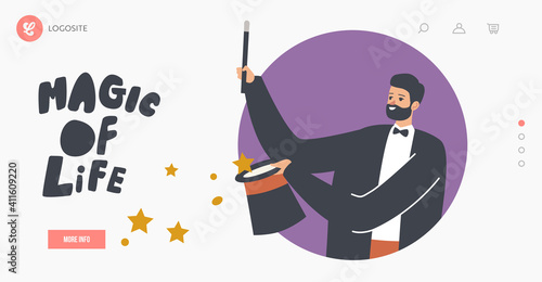 Magic of Life Landing Page Template. Illusionist Perform Trick with Top Hat, Wand, Magician in Costume on Big Top Arena