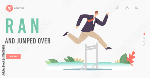 Hurdle Jump Landing Page Template. Successful Leader Business Man Character Running Race on Stadium Jumping over Barrier