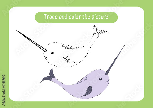 Narwhal. Trace and color the picture. Educational game for children. Handwriting and drawing practice. Nature theme activity for toddlers, kids.