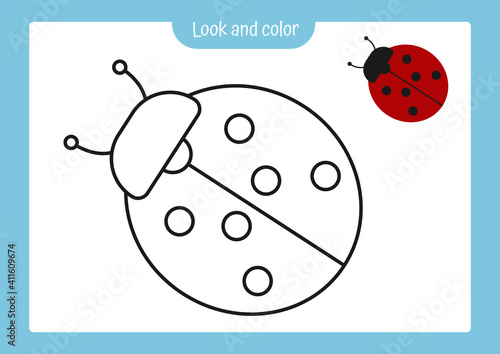 Coloring page of ladybug with colored example. Vector illustration, coloring book for kids preschool activities.