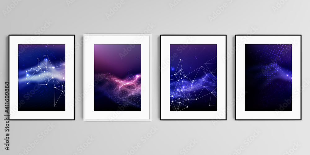 Realistic vector set of picture frames in A4 format isolated on gray background. Digital data visualization, polygonal science dark background.