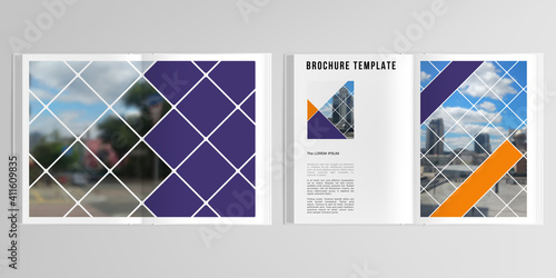 3d realistic vector layout of cover mockup templates for A4 bifold brochure, cover design, book, magazine, brochure cover. Abstract design project in geometric style with squares and place for a photo