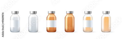 Glass medical vial with cap. Empty glass ampule with vaccine or drug for medical treatment