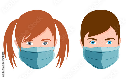 Boy and girl wearing medical mask. Cartoon vector illustration.