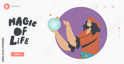 Magic of Life Landing Page Template. Illusionist Perform Trick, Fortune Teller with Crystal Globe, Magician with Ball