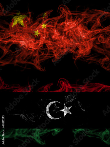 China, Chinese vs Libya, Libyan smoky mystic flags placed side by side. Thick colored silky abstract smoke flags.