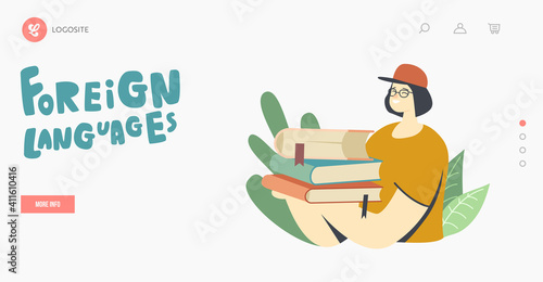 Foreign Languages Study, Translation Service Landing Page Template. Girl Character Student or Teacher Carry Textbooks