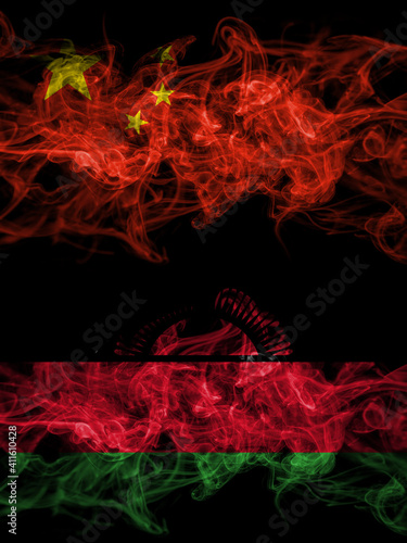 China  Chinese vs Malawi smoky mystic flags placed side by side. Thick colored silky abstract smoke flags.