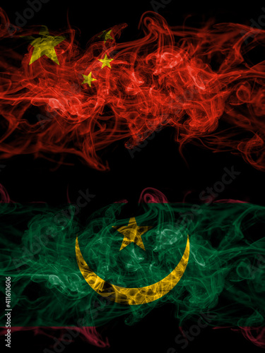 China  Chinese vs Mauritania smoky mystic flags placed side by side. Thick colored silky abstract smoke flags.