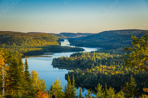View on the Wapizagonke lake at sunset on a fall day from a belvedere in the Mauricie National Park (Quebec, Canada) photo