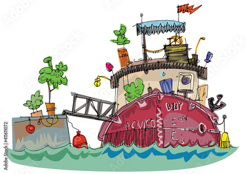 Cute boat house with furniture on top and on the deck. Cartoon. Caricature.Handmade sketch.