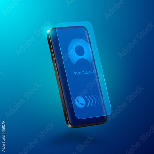 Incoming call on smartphone screen. Realistic black mobile phone in isometric view.