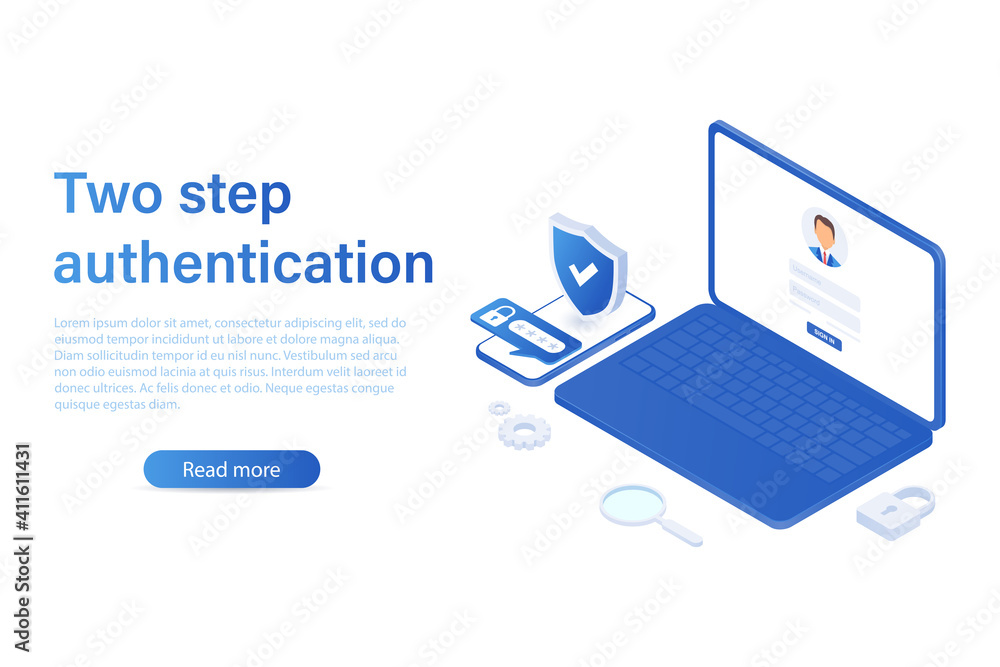 Landing page. Two-step vector illustration of authentication, smartphone and computer login security Landing page. Two-step vector illustration of authentication, smartphone and computer login security