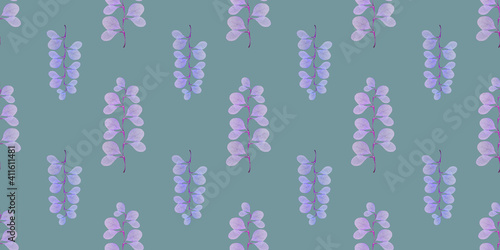 Floral summer repeating pattern. Pink and lilac branches on a green background.Composition of Herbarium. Banner.