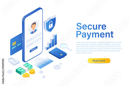 Mobile data security isometric vector illustration. Online payment protection system concept with smartphone and credit card.
