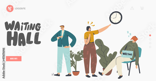 Long Wait Landing Page Template. Tired Bored Male Female Characters Too Long Waiting in Office Hall or Hospital Lobby