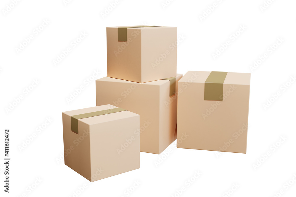 3D rendering flat illustration Online shopping cargo shipping cardboard. Premium illustration