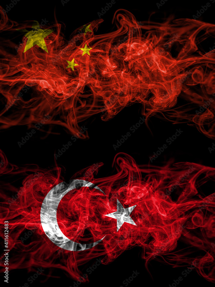 China, Chinese vs Turkey, Turkish, Turk smoky mystic flags placed side by side. Thick colored silky abstract smoke flags. China, Chinese vs Turkey, Turkish, Turk smoky mystic flags placed side by side. Thick colored silky abstract smoke flags.