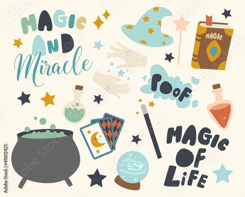Set of Icons Illusionist or Magician Cauldron with Bubbles, Wand, Spell Book and Fortune Telling Cards, Crystal Globe