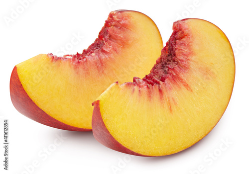 Peach slice isolated on white background. Peach clipping path. Peach fruits