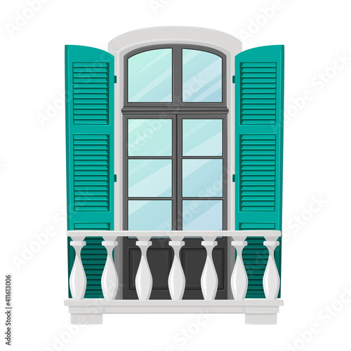Window and Balcony Exterior with Marble Baluster Pillars, Wooden Green Shutters. Architecture Retro Decor, Construction