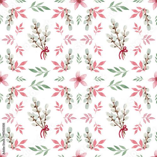 spring pattern with colorful leaves and pussy willow twigs, watercolor pattern on white background