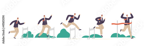 Business Man Character Hurdle Jump, Running with Obstacles Competition. Businessman Jumping over Barriers, Cross Finish