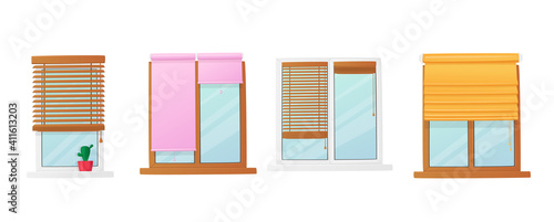 Set of Windows with Jalousie Shutter Curtains. Interior Design Elements. Plastic or Wooden Frames with Roller Blinds