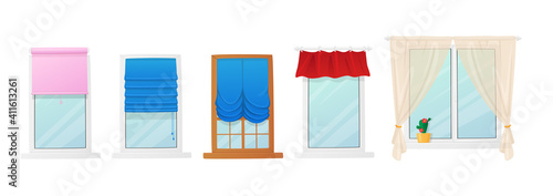 Set of Windows with Roman Curtains and Roller Blinds. Interior Design Elements. Plastic or Wooden Frames with Drapery