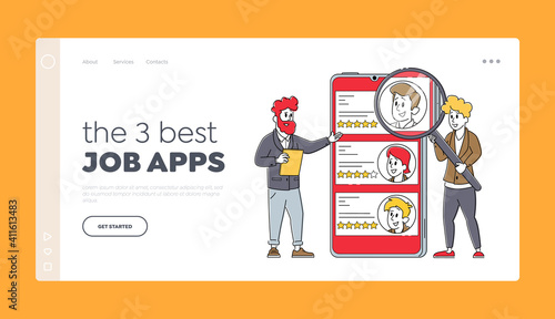 Online Work Hiring App, Recruitment and Headhunting Landing Page Template. Tiny Employers Reading Applicants Resume