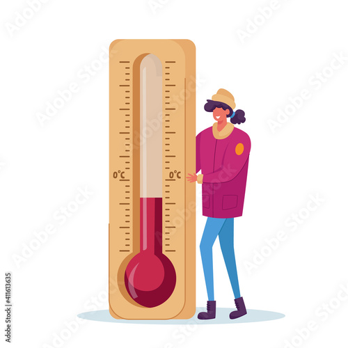 Cold Weather Concept. Freezing Female Character Wearing in Warm Winter Clothes Stand at Huge Thermometer, Freeze