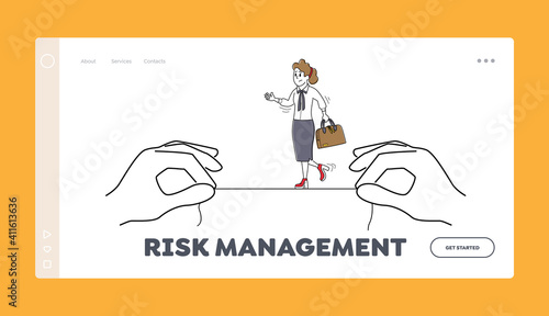 Risk Management Landing Page Template. Businesswoman Character Balancing on Rope Hanging Between Huge Hands