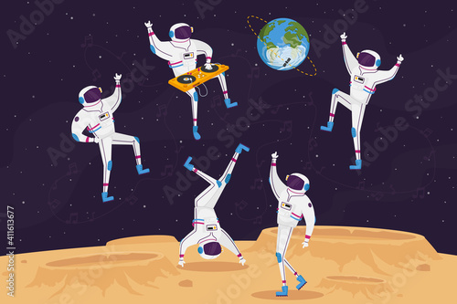 Dj and Astronaut Characters Dancing with Turntable in Open Space on Alien Planet or Moon Surface. Spacemen Galaxy Party