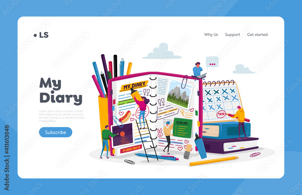 Organizer, Notebook Landing Page Template. Tiny Characters at Huge Diary Writing Notes, Planning, Fill To Do List,