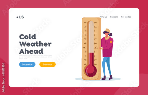 Cold Weather Landing Page Template. Freezing Female Character Wear in Warm Winter Clothes Stand at Huge Thermometer