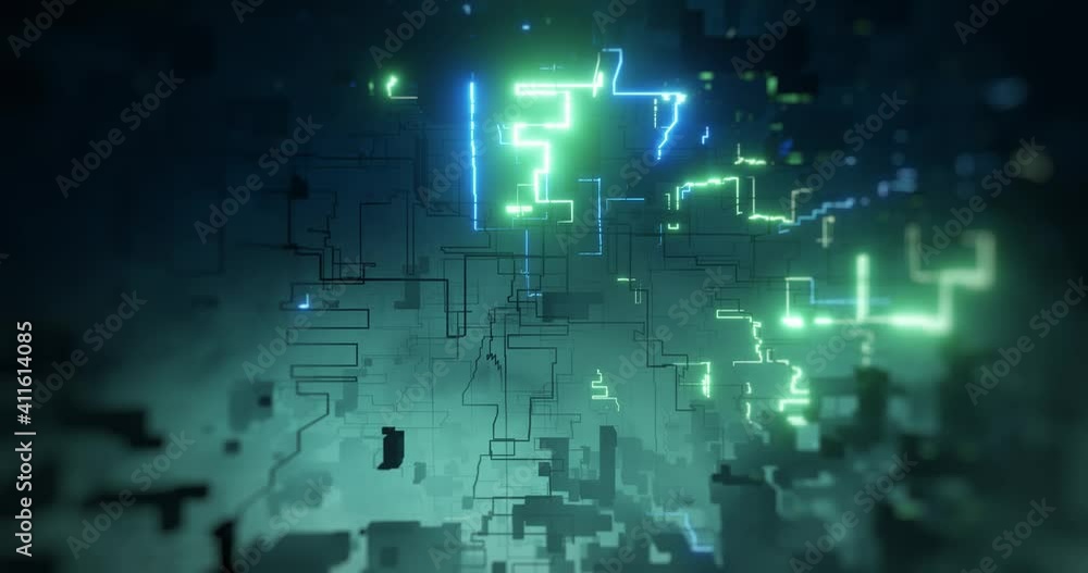 Abstract High Tech Digital computer background. Blue and green circuit and data flow, circuitry design or information super highway. High speed server hardware motion graphic. 3D render, 4K loop Abstract High Tech Digital computer background. Blue and green circuit and data flow, circuitry design or information super highway. High speed server hardware motion graphic. 3D render, 4K loop