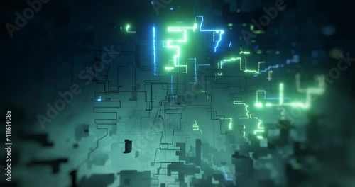 Wallpaper Mural Abstract  High Tech Digital computer background. Blue and green circuit and data flow, circuitry design or information super highway. High speed server hardware motion graphic. 3D render, 4K loop Torontodigital.ca