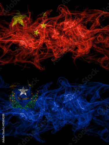 China, Chinese vs United States of America, America, US, USA, American, Nevada smoky mystic flags placed side by side. Thick colored silky abstract smoke flags.