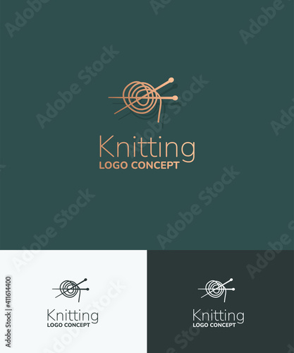 Knitting logo concept. Vector linear iconic sign with of bobbin and needles.